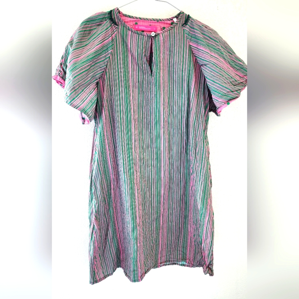 Rareism Women's Berta Striped Pink Green Cotton Short Sleeve Mini Dress Medium